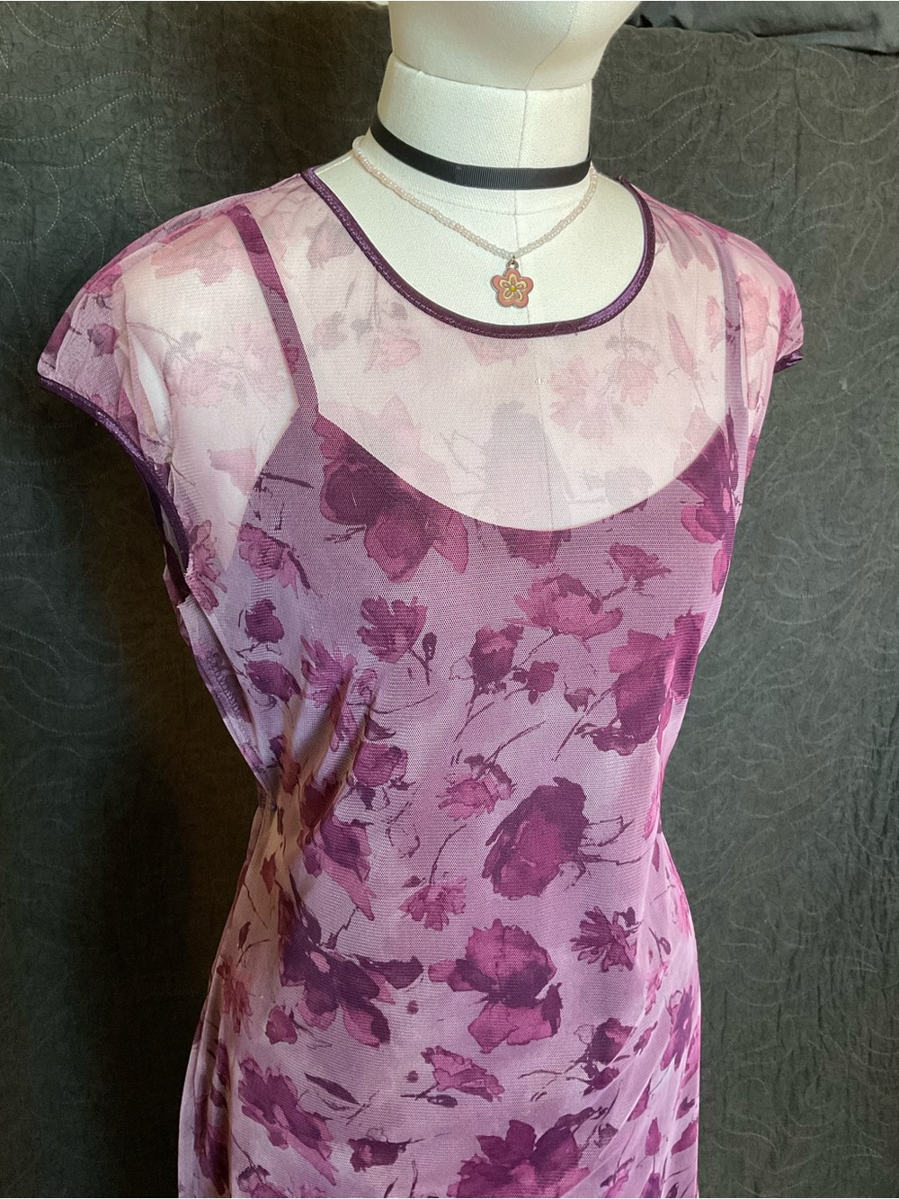 Sheer Purple Floral Maxi Dress with Dark Purple Slip - Picture 2 of 4